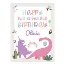 Rosa Girl Dinosaur 2:a födelsedagen Party Poster t