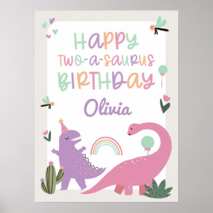Rosa Girl Dinosaur 2:a födelsedagen Party Poster t