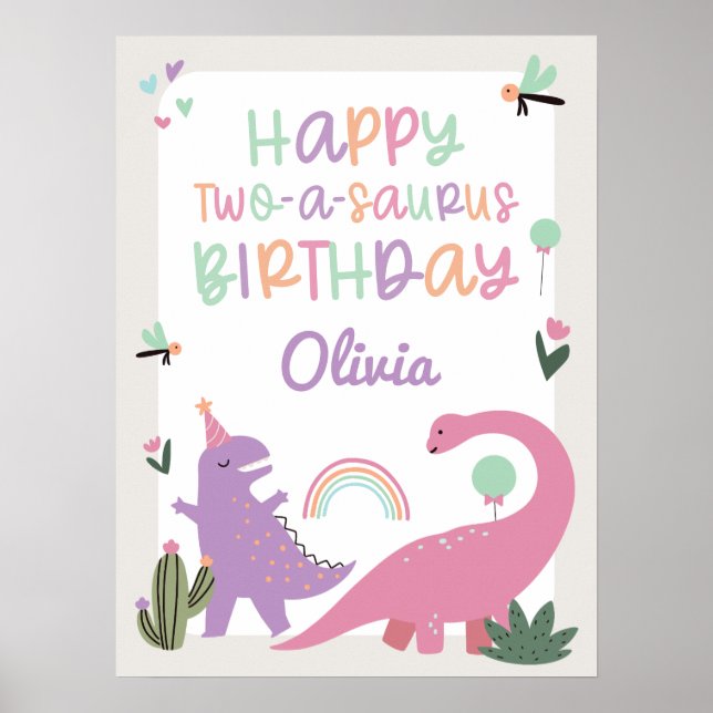 Rosa Girl Dinosaur 2:a födelsedagen Party Poster t (Framsidan)