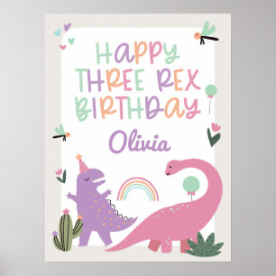 Rosa Girl Dinosaur 3rd Birthday Party Poster