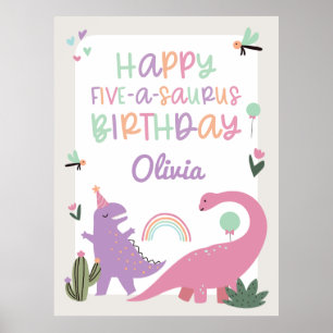 Rosa Girl Dinosaur 5:e Födelsedagsfesten Poster