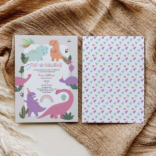 Rosa Girl Dinosaur 5 Födelsedagsfest inbjudan