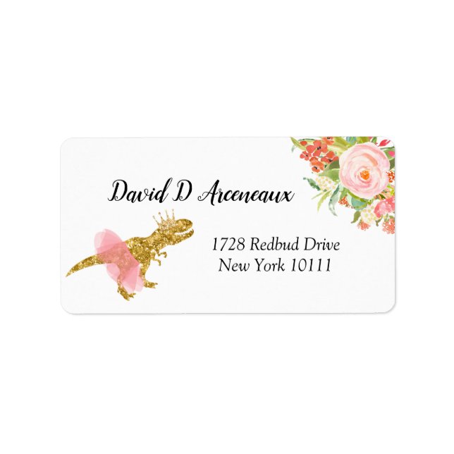 Rosa Girl Dinosaur Address Label Adressetikett (Framsidan)