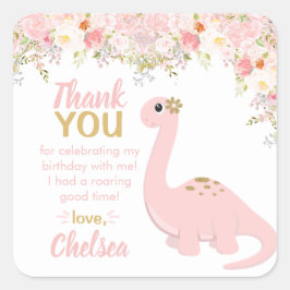 Rosa Girl Dinosaur Blommigt Favor Fyrkantigt Klistermärke