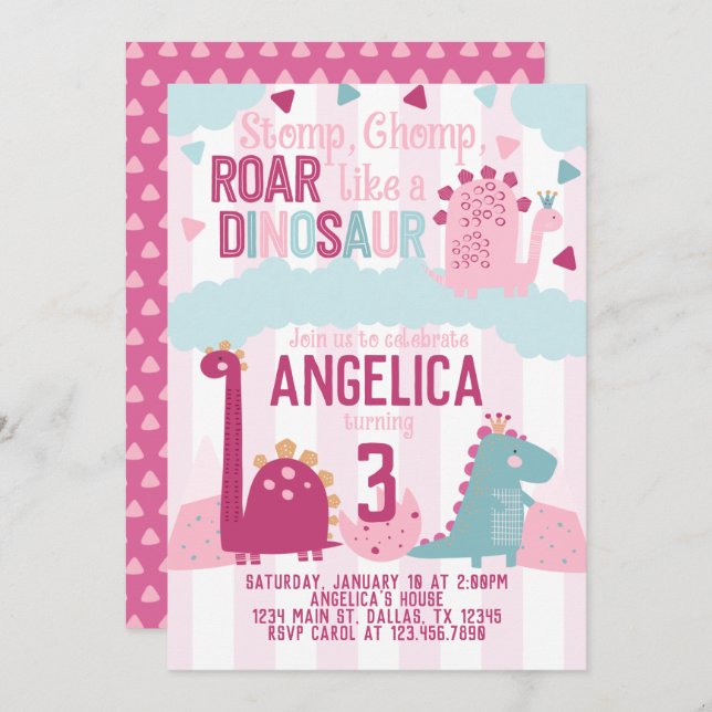 Rosa Girl Dinosaur-Födelsedagsfest Thmet Inbjudningar (Fram/baksida)
