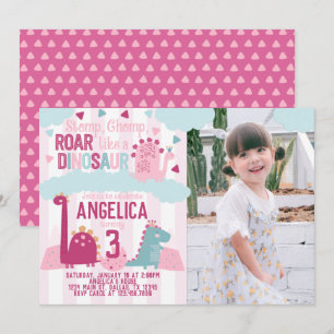 Rosa Girl Dinosaur-Födelsedagsfesten - inbjudan