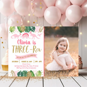Rosa Girl Dinosaur TRE REX Birthday Inbjudningar