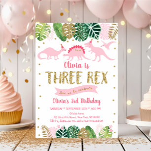 Rosa Girl Dinosaur TRE REX Birthday Inbjudningar