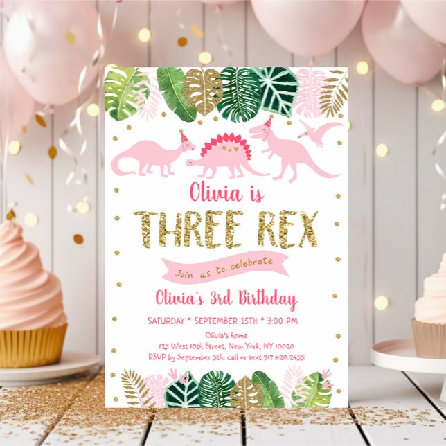 Rosa Girl Dinosaur TRE REX Birthday Inbjudningar (Skapare uppladdad)