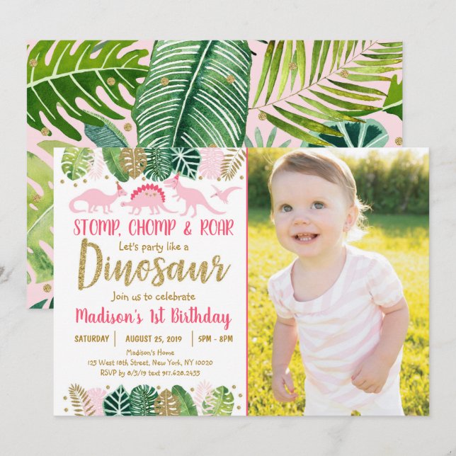 Rosa Girl Dinosaur Tropical Birthday-inbjudan Inbjudningar (Fram/baksida)