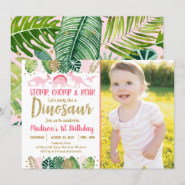 Rosa Girl Dinosaur Tropical Birthday-inbjudan Inbjudningar