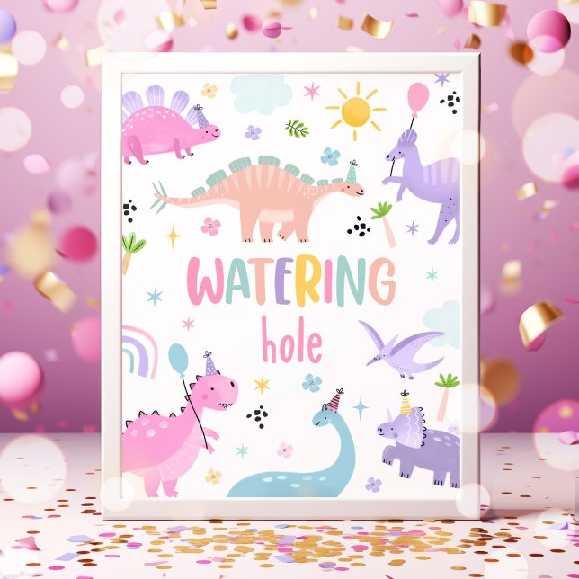 Rosa Girl Dinosaur Watering Hål Födelsedagsfest Poster (Skapare uppladdad)