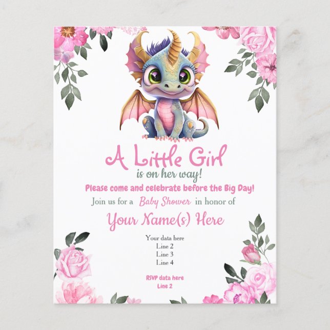 Rosa Girl Dragon Blommigt Baby Shower-inbjudan Flygblad (Framsidan)