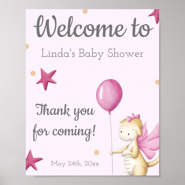 Rosa Girl Dragon Välkommen Baby Shower Poster (Framsidan)