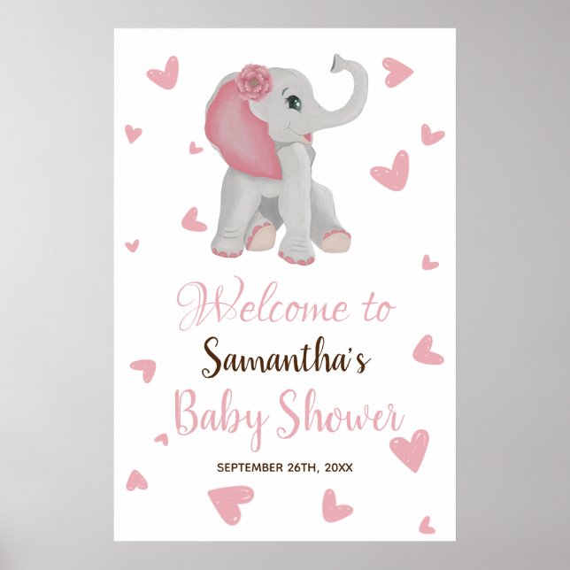  Rosa Girl Elephant Baby Shower Välkomstskylt Poster (Framsidan)