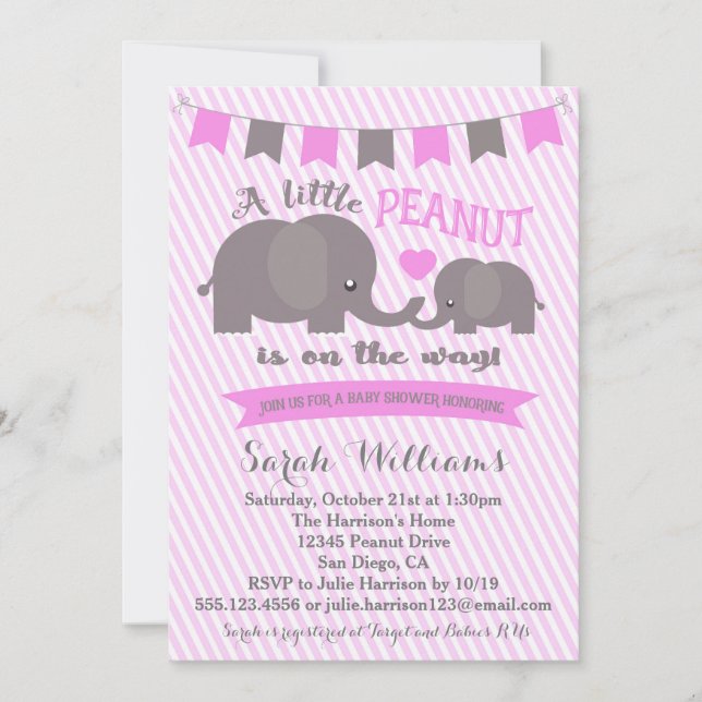 Rosa Girl Elephant Peanut Baby Shower-inbjudan Inbjudningar (Framsida)
