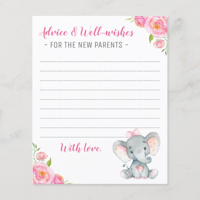 Rosa Girl Elephant Shower New Parents Advice-kort (Framsida)