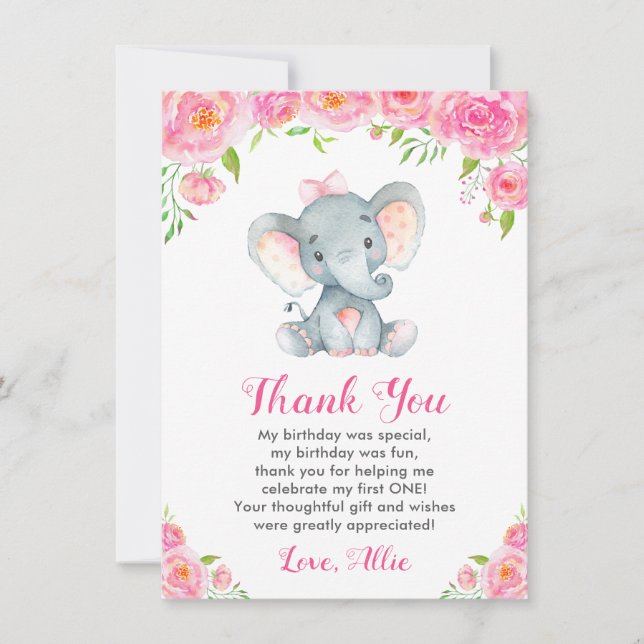 Rosa Girl First Birthday Elephant Little Peanut Tack Kort (Framsida)
