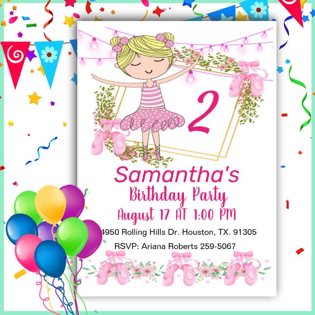 Rosa Girl Girl Ballerina Birthday bjudande Inbjudningar (Skapare uppladdad)