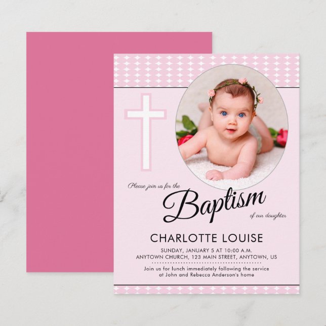 Rosa Girl Girl Baptism, Kor Christening-inbjudan Inbjudningar (Fram/baksida)