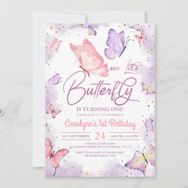 Rosa Girl Girl Butterfly Birthday-inbjudan Inbjudningar (Framsida)