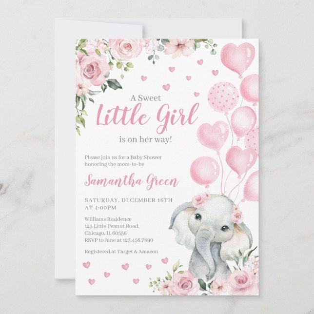 Rosa Girl Girl Elephant Baby Shower Inbjudningar (Framsida)