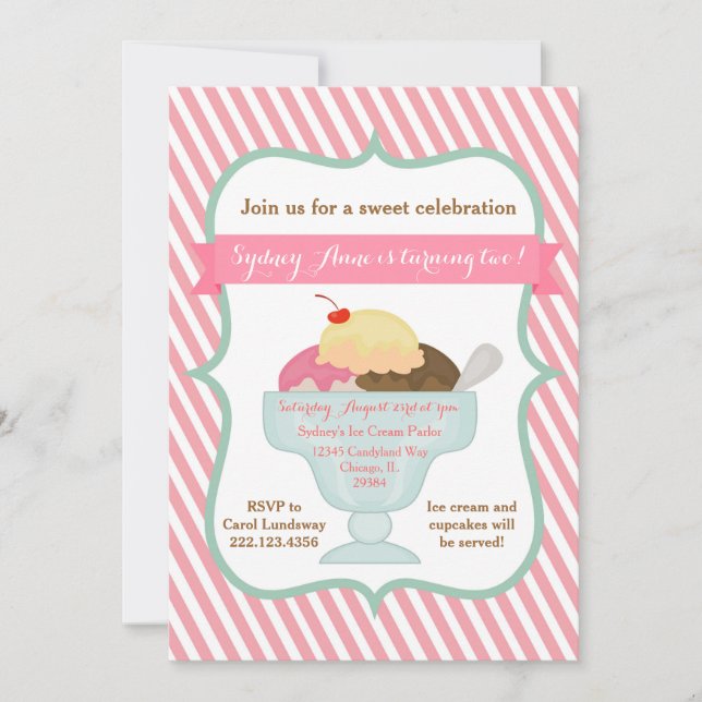 Rosa Girl Girl Ice Cream Party-inbjudan Inbjudningar (Framsida)