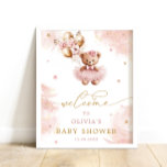 Rosa Girl Girl Nalle Baby Shower Välkommen Poster<br><div class="desc">Förmedla en söt och förväntansfull resa med vår förtjusande punkt, där varje detalj är designad för att fylla hjärtan med glädje och upphetsning. Den här charmerande designen visar en älskling i baby som är försedd med en vacker rosa klänning, som klumpar gyllene ballonger med delikat blommigt i tass. Mot bakgrund...</div>
