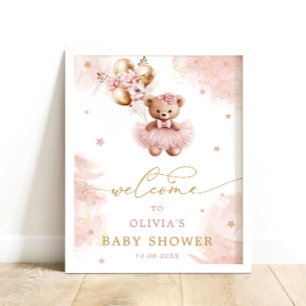 Rosa Girl Girl Nalle Baby Shower Välkommen Poster