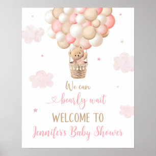 Rosa Girl Girl Nalle Balloons Baby Shower Välkomme Poster