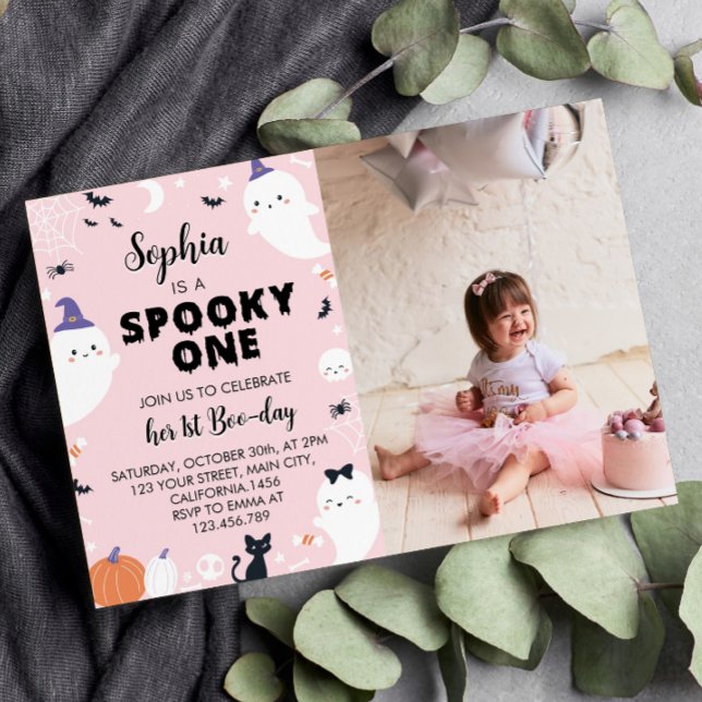 Rosa Girl Girl Spooky One Ghost 1st Birthday Call Inbjudningar (Skapare uppladdad)