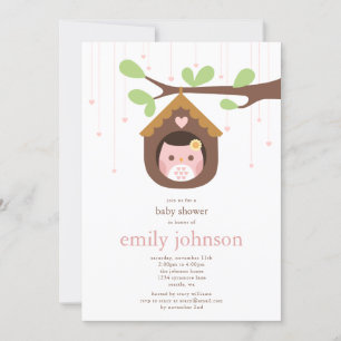 Rosa Girl Girl Uggla i Birdhouse Baby Shower-inbju Inbjudningar