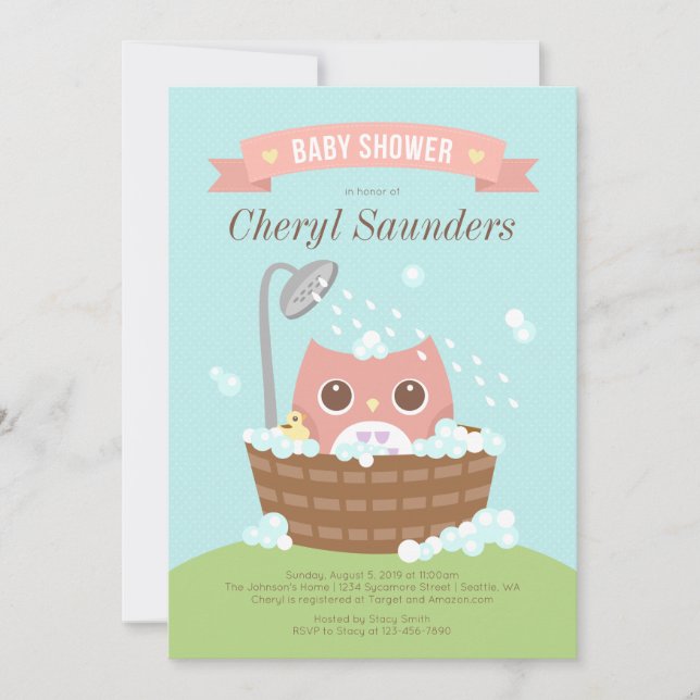 Rosa Girl Girl Uggla in Wooden Tub Shower-inbjudan Inbjudningar (Framsida)