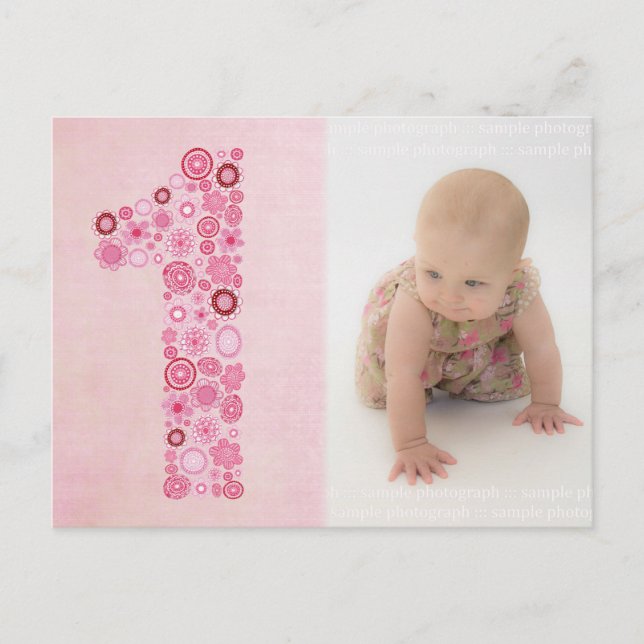 Rosa Girl Girl's 1st Birthday Tack Photo Postcard Vykort (Framsida)