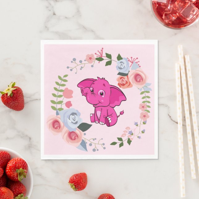 Rosa Girl Girl's Elephant Blommigt Baby Shower Pappersservett (Insitu)