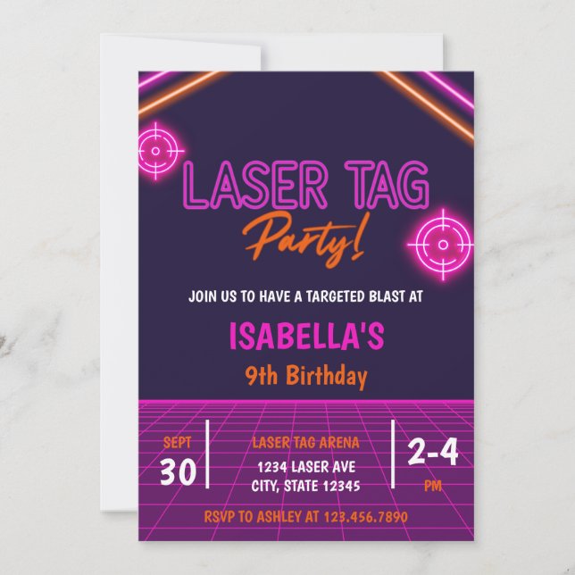 Rosa Girl Girl's Laser Märkre Neon Glow Birthday Inbjudningar (Framsida)