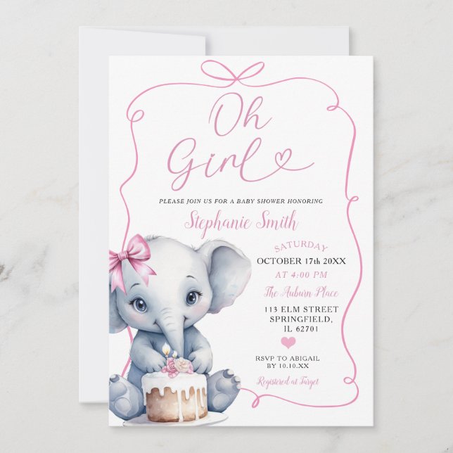 Rosa Girl Handdragen med Bow Elephant Baby Shower Inbjudningar (Framsida)
