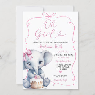 Rosa Girl Handdragen med Bow Elephant Baby Shower Inbjudningar