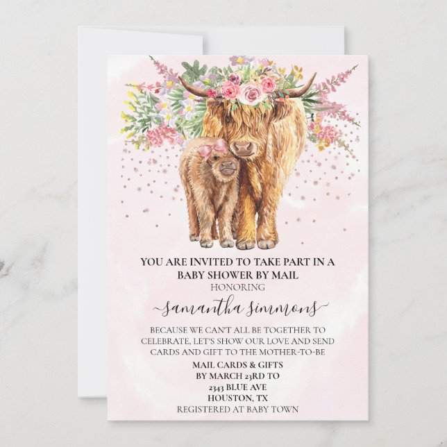 Rosa Girl Highland Cow Calf Baby Shower by Mail Inbjudningar (Framsida)