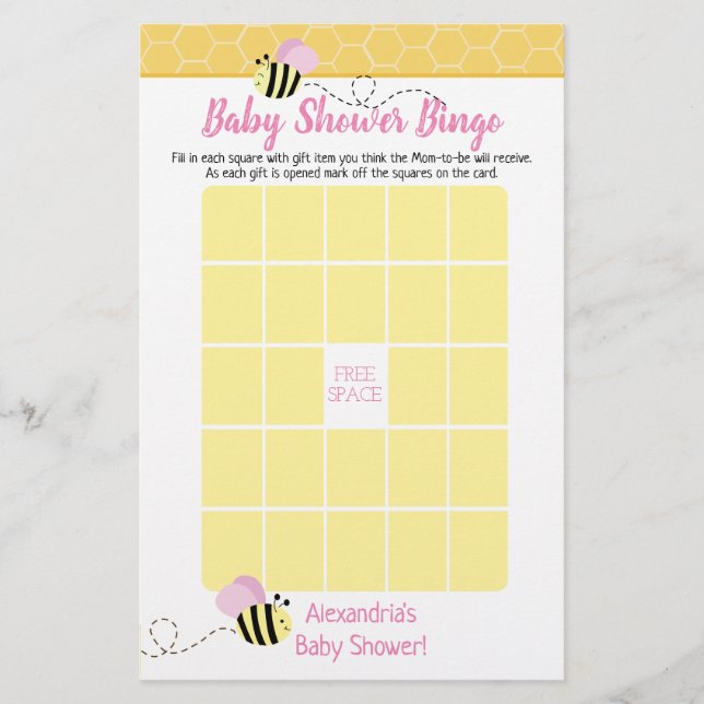 Rosa Girl Humla Baby Shower Bingo Game (Framsida)