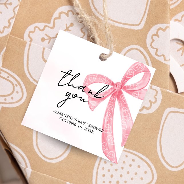 Rosa Girl Little Boo Halloween Baby Shower Square Gåvor Etiketter (Pink Bow Little Boo Coquette Halloween Baby Shower Round Favor Tags)