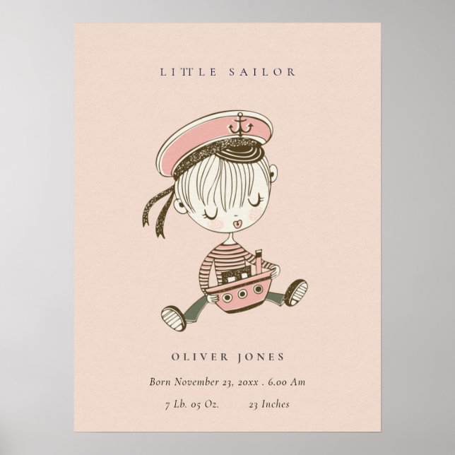  Rosa Girl Little Sailor Nautical Birth Stat Poster (Framsidan)