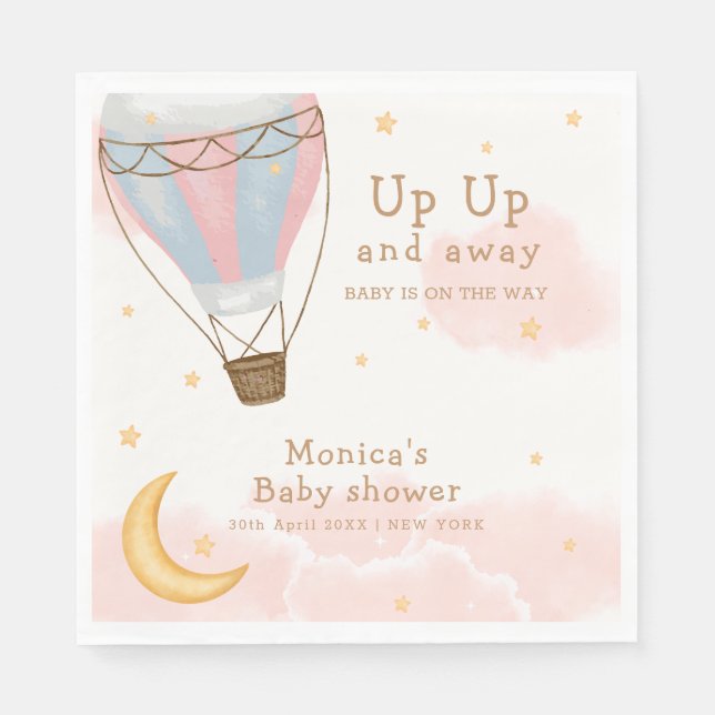 Rosa Girl Luftballong Måne Star Baby Shower Pappersservett (Framsidan)