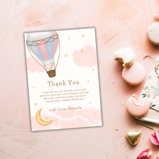 Rosa Girl Luftballong Måne Star Baby Shower Tack Kort (Pink Girl Hot Air Balloon Moon Star Baby Shower Thank You Card)