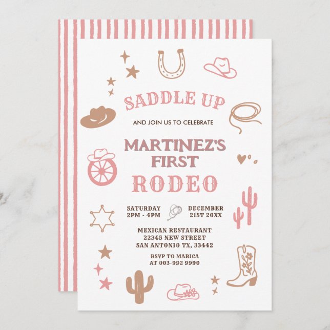 Rosa Girl My First Rodeo Cowgirl Birthday Inbjudningar (Fram/baksida)