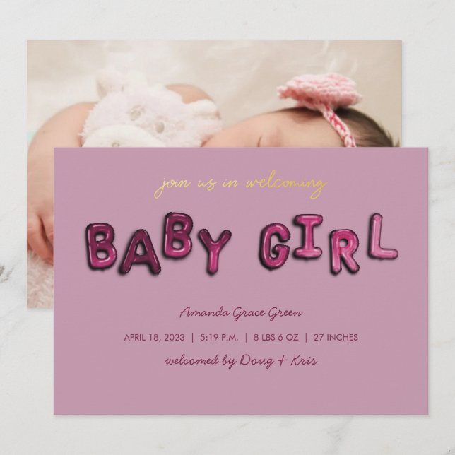 Rosa Girl Mylar Balloon Baby Announcement Meddelande (Fram/baksida)