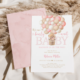 Rosa Girl Nalle Balloons Baby Shower Inbjudningar