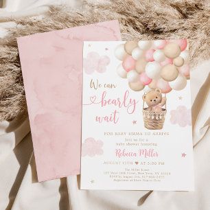 Rosa Girl Nalle Balloons Baby Shower Inbjudningar