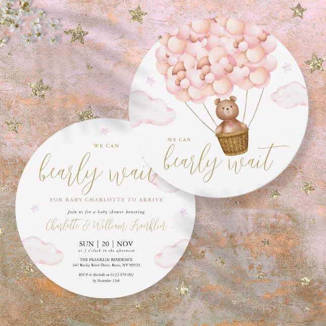 Rosa Girl Nalle Barly Wait Baby Shower Inbjudningar (Pink Girl Bearly Wait Teddy Bear Baby Shower Invitation)