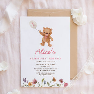 Rosa Girl Nalle First Birthday Call Inbjudningar